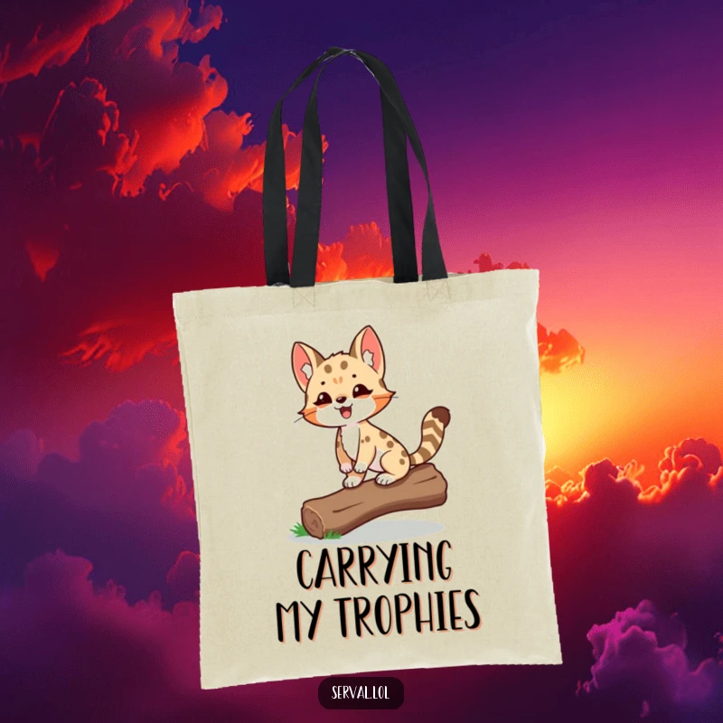 Funny Serval Tote Bag showcasing a delighted serval proudly balancing on a log, ideal for carrying essentials with pride.