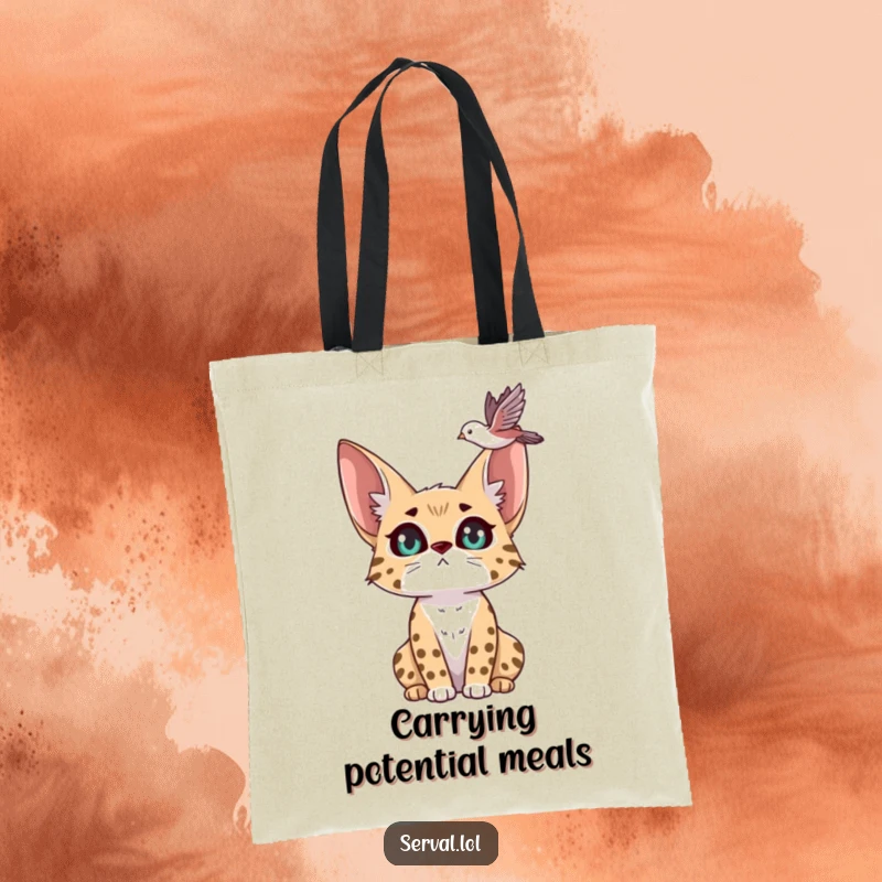 Funny serval tote bag with a serval’s expressive eyes intently focused on a bird flying overhead, a chic accessory for observers.