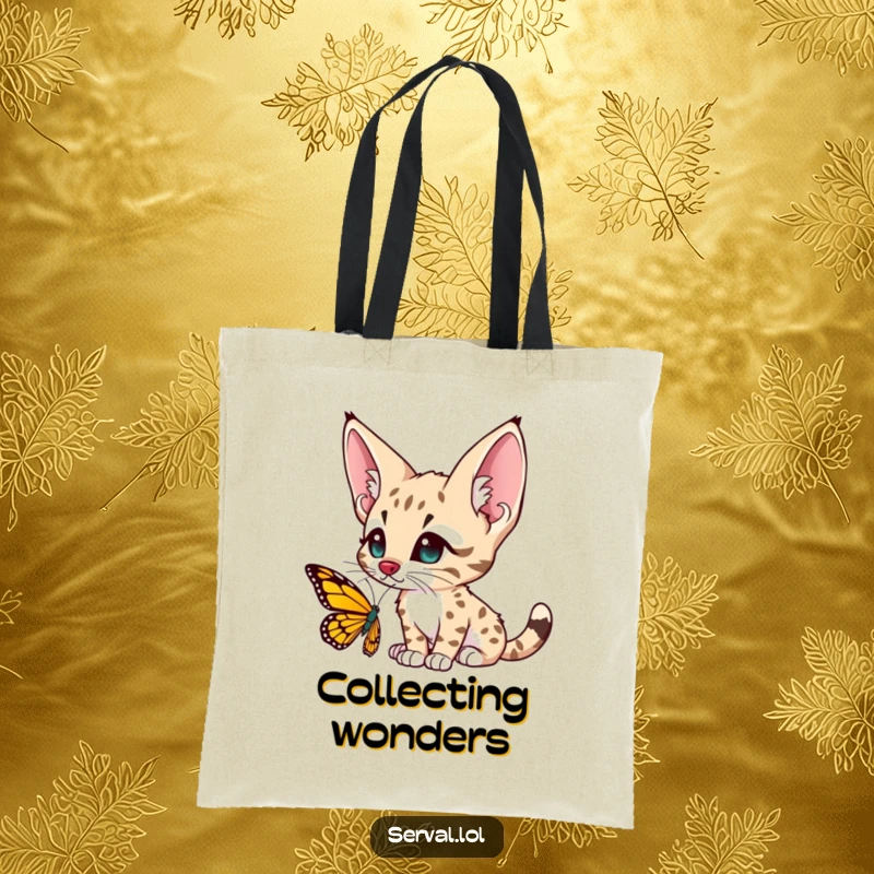 Funny serval character tote bag, large ears perked, looking with deep curiosity at a colorful butterfly, capturing a moment of wonder.