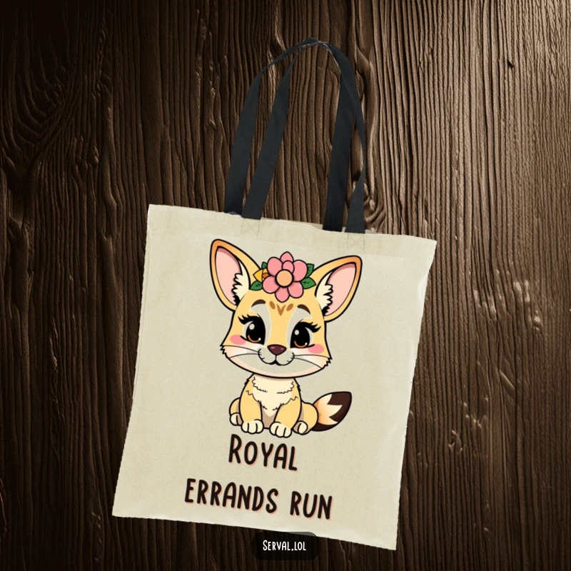 Funny serval tote bag with a cheeky serval wearing a flower crown, perfect for carrying essentials with style.