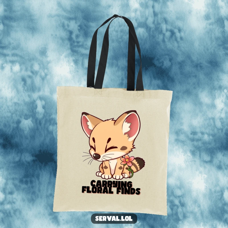 Funny Serval Tote Bag showcasing a curious serval sniffing a colorful flower with delight, perfect for carrying your discoveries.