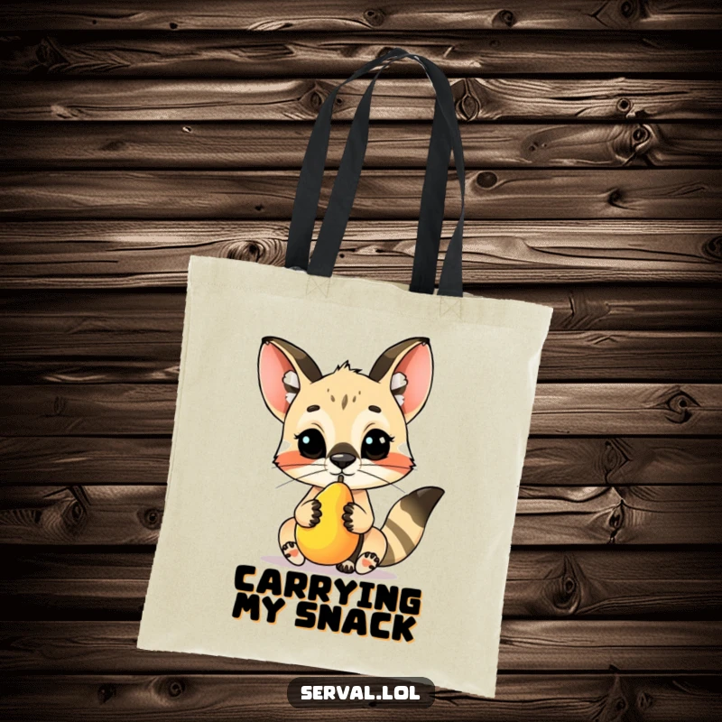 Funny serval character tote bag, skillfully balancing a small fruit on its nose, embodying adorable talent and playful elegance.