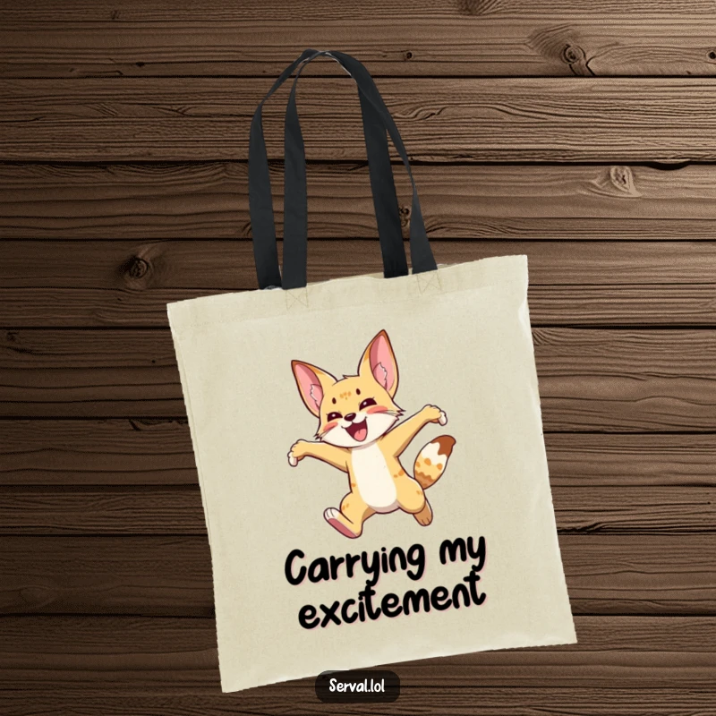 Funny serval tote bag depicting a wild cat leaping high in the air with pure joy, a vibrant and amusing accessory.
