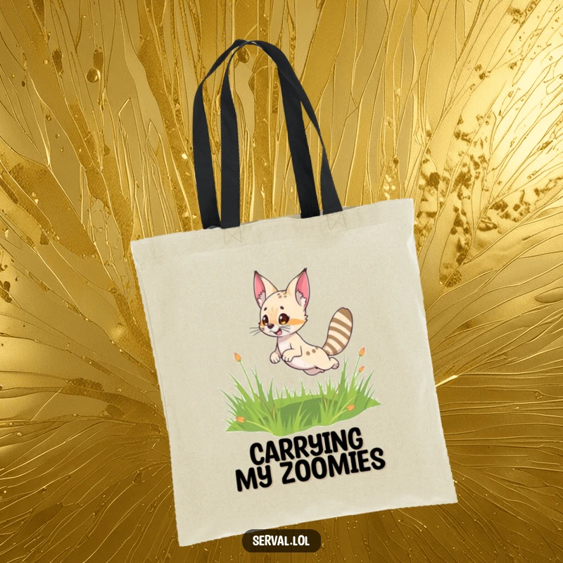 Funny Serval Tote Bag: Cute serval character leaping energetically in a grassy field, a playful design for everyday use.