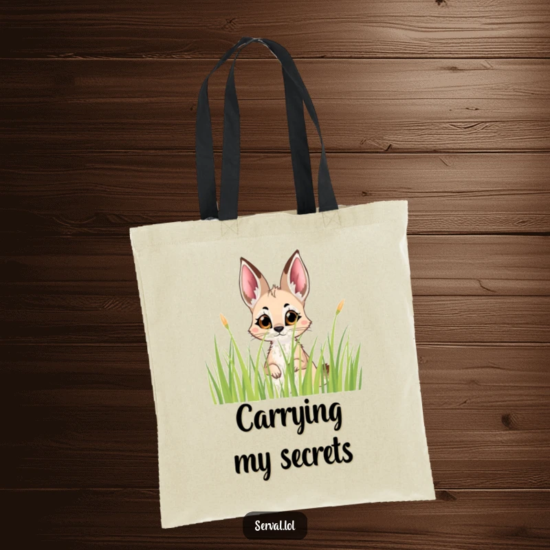 Funny Serval Peek Tote Bag: A tote bag with a serval peeking curiously from grass, perfect for carrying secrets and essentials.