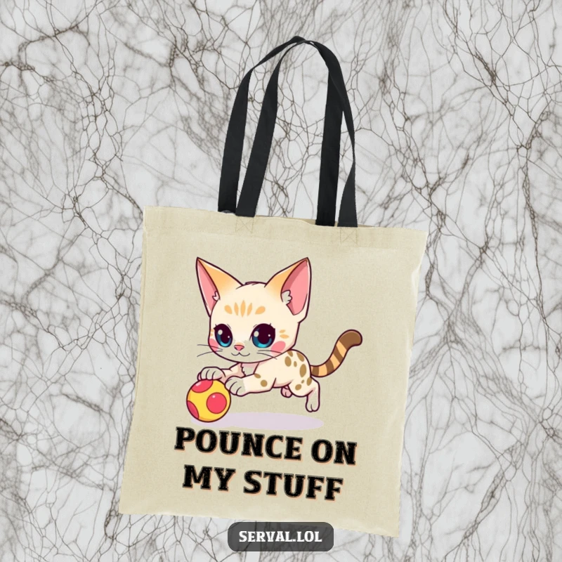 Funny serval cat character tote bag with an agile serval cat mid-pounce on a toy, ready for adventurous outings.