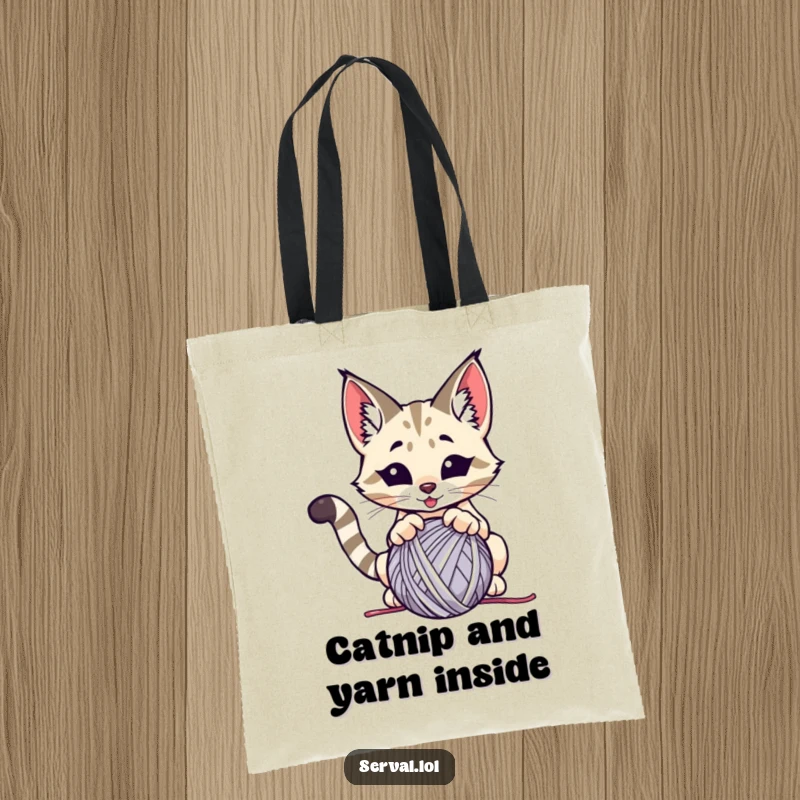 Funny serval tote bag, a wild cat comically pouncing on a ball of yarn, perfect for carrying essentials.