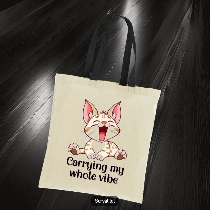 Funny tote bag showcasing a serval cat in a massive, contented yawn and stretch, perfect for carrying groceries with a smile.