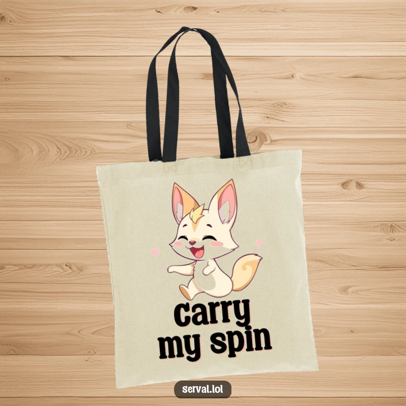 Funny serval tote bag with a serval character joyfully twirling, adding a splash of energy and fun.