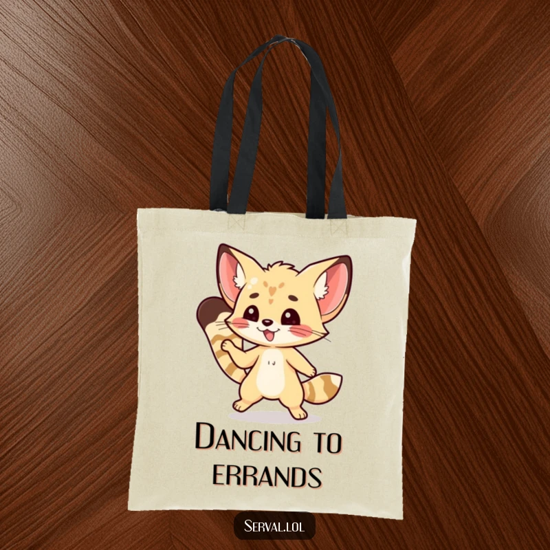 Funny kawaii serval character performing a nimble dance step, featured on a practical and humorous tote bag.