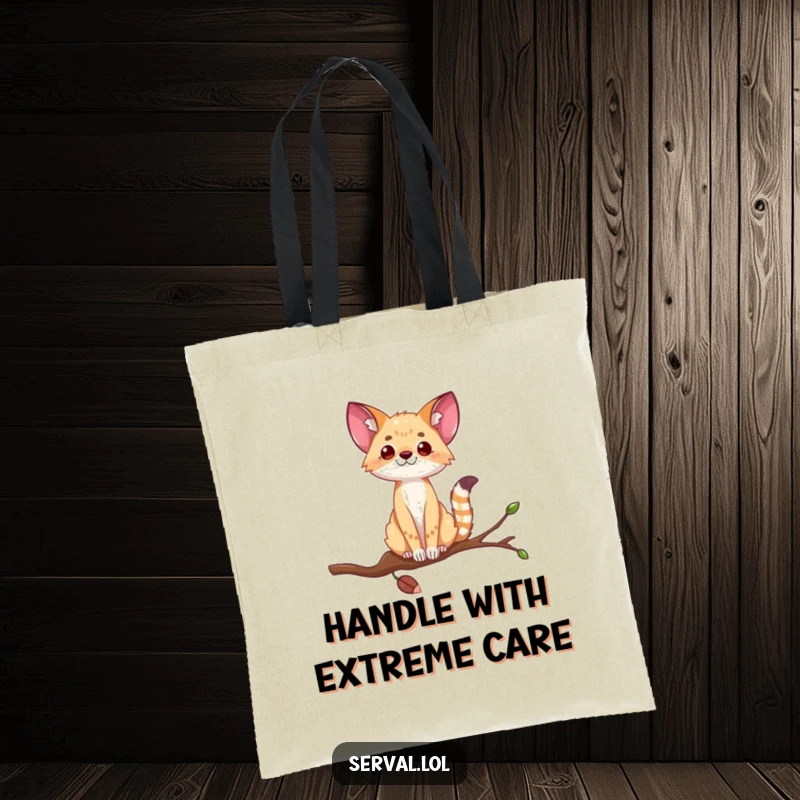 Funny serval tote bag illustrating a wild cat balancing expertly on a thin branch, a comical display of feline agility.