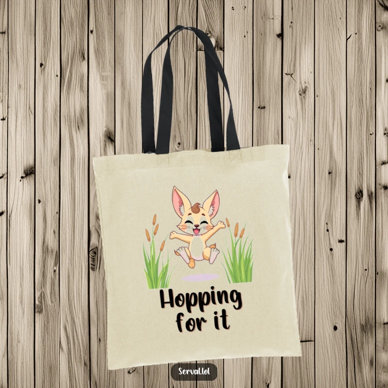 Funny serval character tote bag, joyfully leaping through tall grass, embodying pure freedom and exuberant energy.