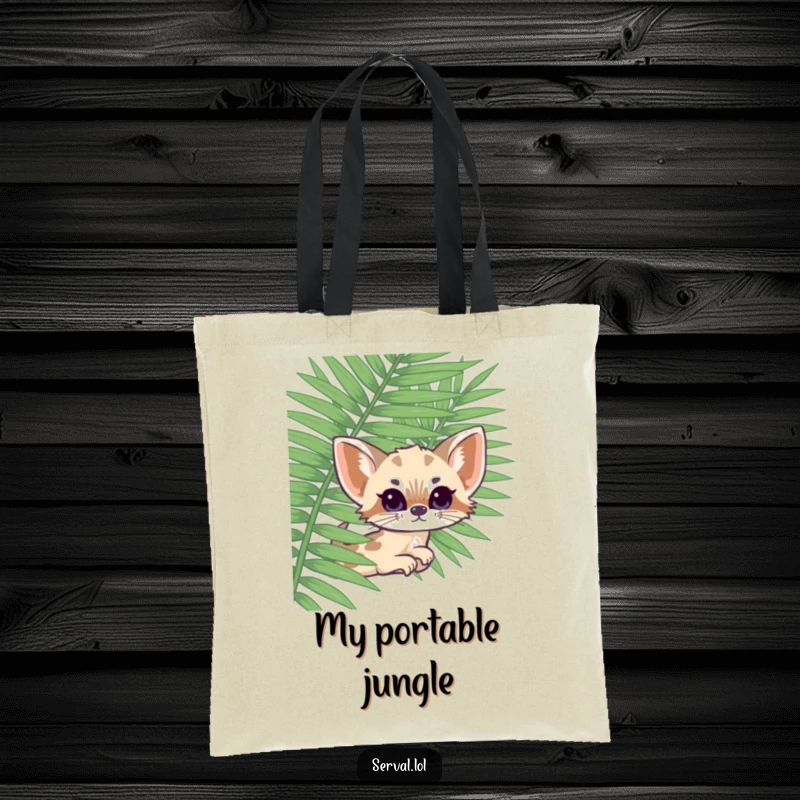 Funny kawaii serval hiding behind a fern frond, a cute and practical tote bag for carrying daily essentials with humor.