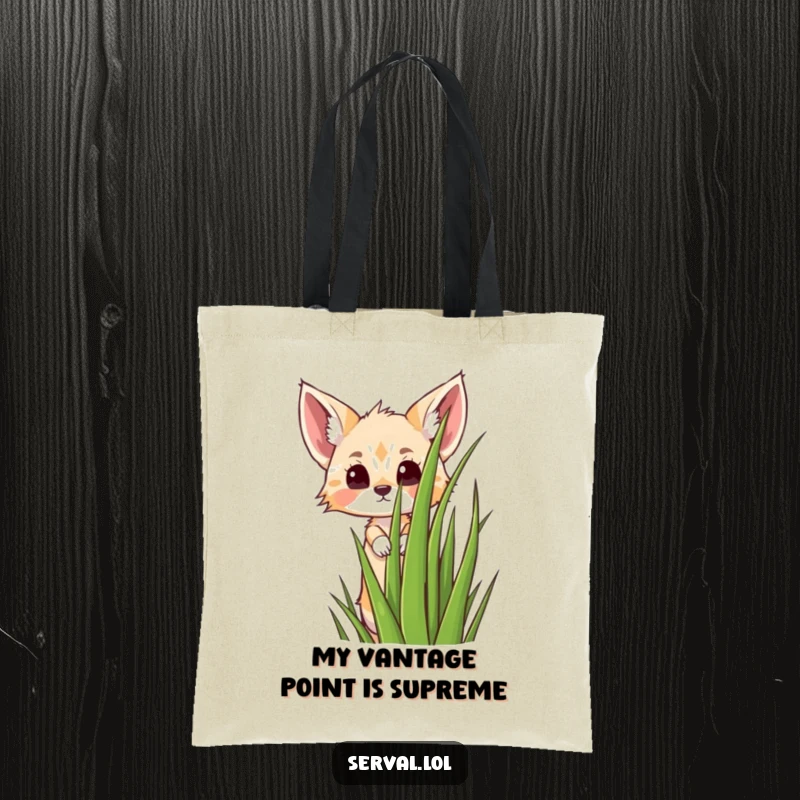Funny kawaii serval cat peeking over grass, cute jungle animal tote bag, durable and stylish accessory, a funny gift.